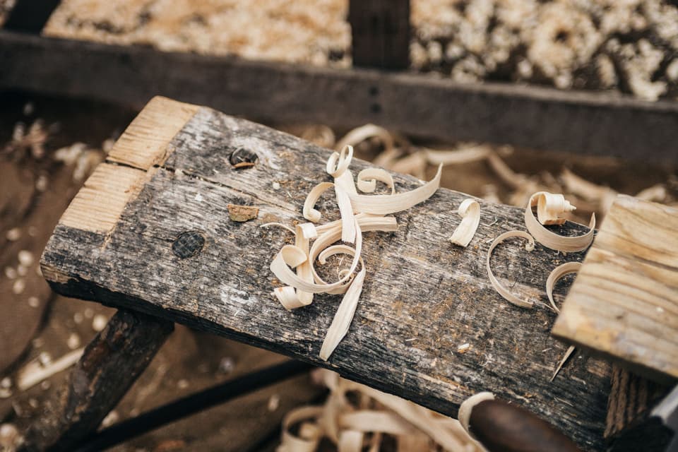 Workbench with fresh wood shavings